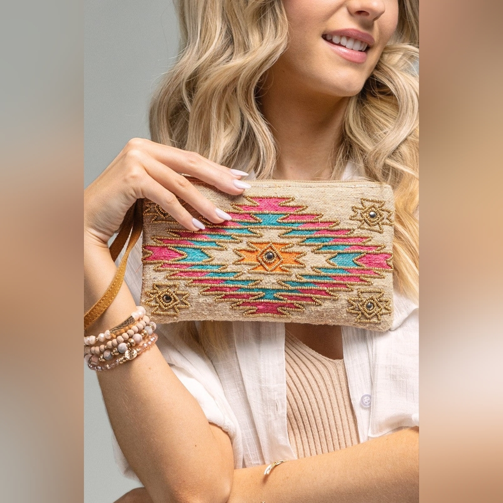 Handmade Hand Beaded Wristlet Clutch - Ethnic Inspired Motive - Dyed Fine Cotton - Picture 6 of 6
